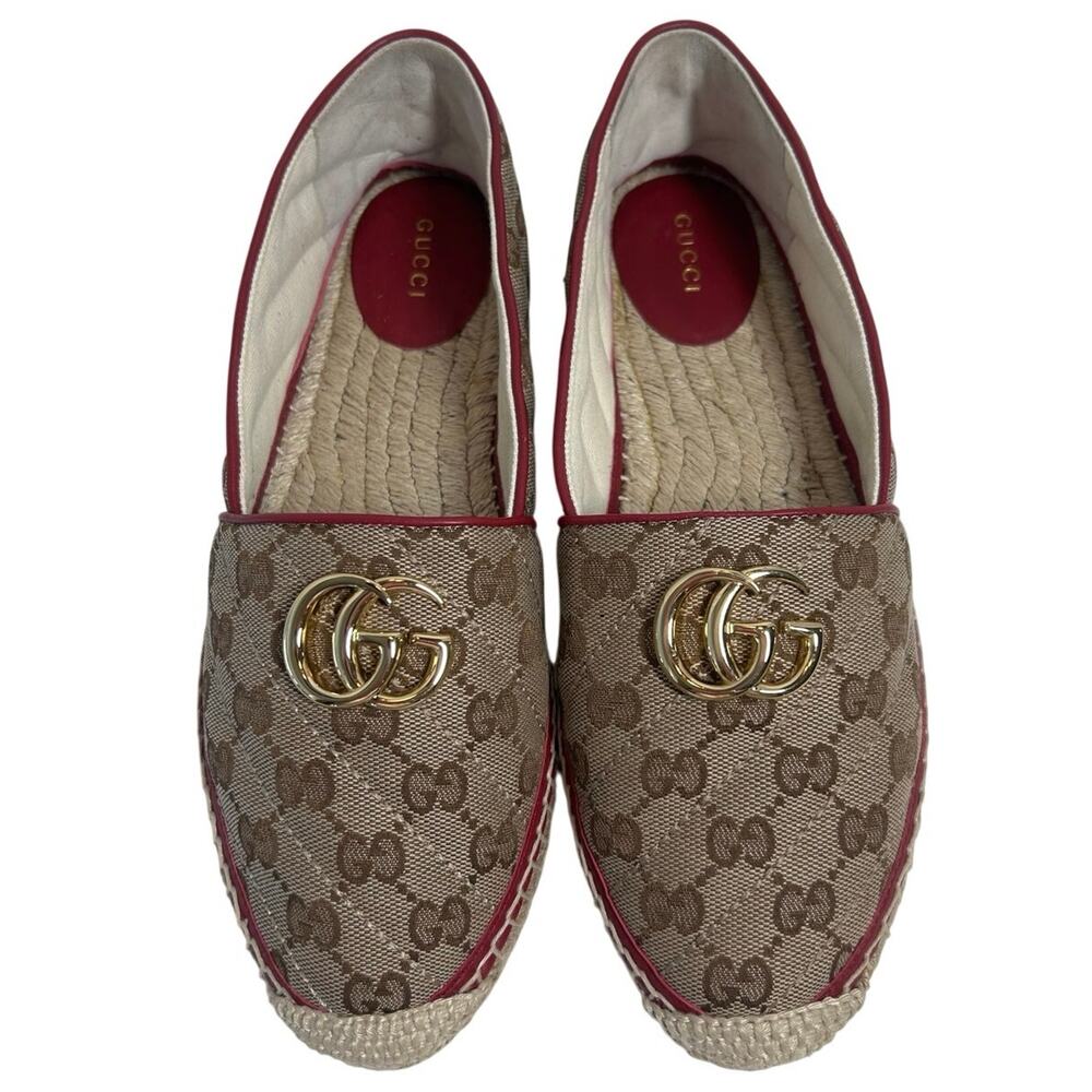 Gucci GG Matelassé Canvas Espadrilles, cherry red leather trim, gold hardware. 9 - Picture 2 of 13